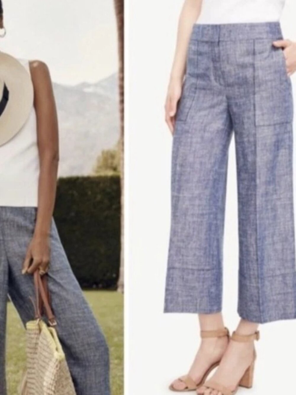 Ann Taylor Women's Blue Linen-Viscose Wide-Leg Cropped Pants High Rise 4